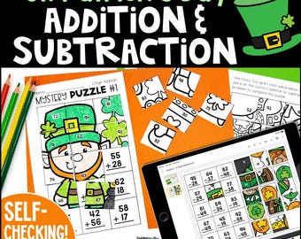 St. Patrick's Day 2-Digit Addition and Subtraction Mystery Picture Puzzles, 2nd Grade Digital & Printable Fun Math Worksheets for Kids