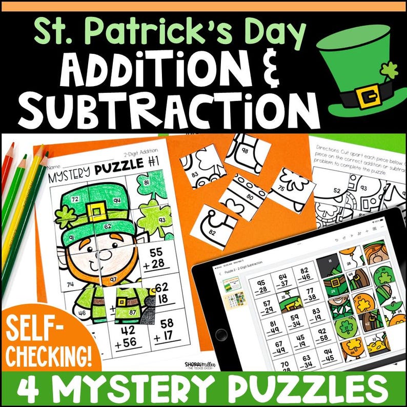 St. Patrick's Day 2-Digit Addition and Subtraction Mystery Picture Puzzles 2nd Grade Digital & Printable Fun Math Worksheets for Kids