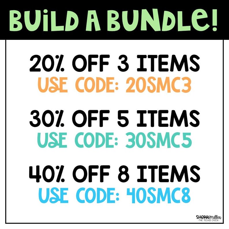 May include: A colourful graphic with black text that reads "BUILD A BUNDLE!" and offers discounts on multiple items. The discounts are 20% off 3 items, 30% off 5 items, and 40% off 8 items. The graphic also includes unique discount codes for each offer: 20SMC3, 30SMC5, and 40SMC8.