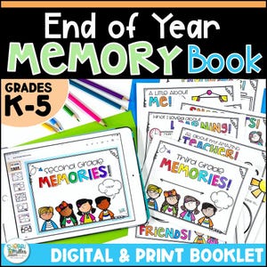 Peut inclure: Carnet de souvenirs de fin d'année numérique et imprimable pour les classes de la maternelle à la 5e. La couverture présente un design coloré avec le texte "souvenirs de deuxième année !" et une bulle de dialogue qui dit "année".