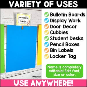 May include: A blue rectangular paper is clipped to a wooden surface. Text on the image reads "Variety of Uses" and lists applications like bulletin boards and student desks. A small tag says "This belongs to Gavin". The bottom text says "Use Anywhere!"