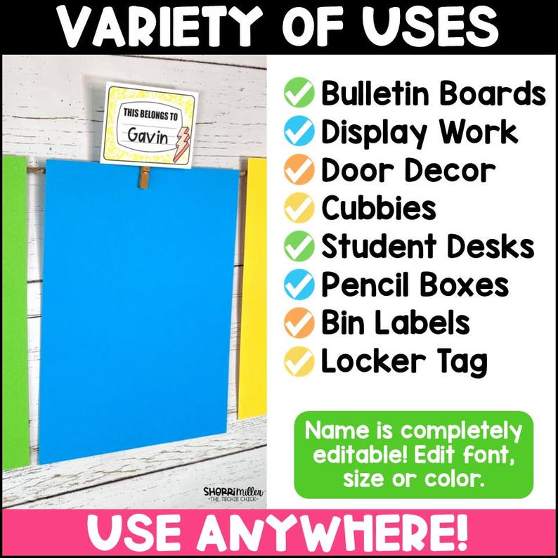 May include: A blue rectangular paper is clipped to a wooden surface. Text on the image reads "Variety of Uses" and lists applications like bulletin boards and student desks. A small tag says "This belongs to Gavin". The bottom text says "Use Anywhere!"