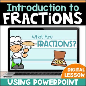 Könnte beinhalten: Ein Laptop-Bildschirm zeigt eine digitale Lektion mit dem Titel "Einführung in Brüche". Die Lektion zeigt einen Cartoon-Koch, der eine Pizzakruste hält, mit dem Text "What Are Fractions?" und eine Pizza in einer Schachtel. Die Lektion ist "Using PowerPoint."