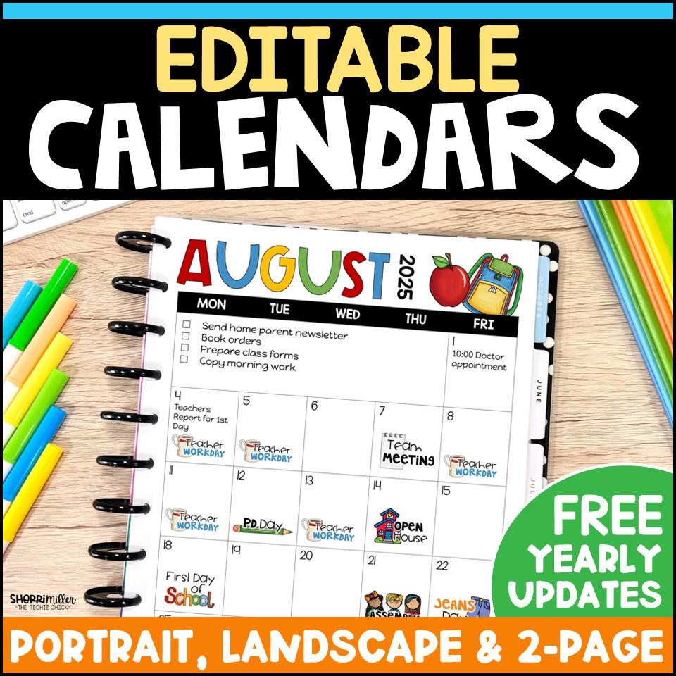2025 2026 Editable Calendar Templates, Monthly Teacher Planner, Back to School Classroom Organization, Printable & Digital Google Slides