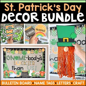 St. Patrick&#39;s Day Bulletin Board Kit, March Decor Bundle, Spring Door Decor, A-Z Bulletin Board Letters, Name Tags Borders Banners + More