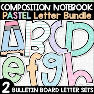 May include: A digital graphic set titled COMPOSITION NOTEBOOK PASTEL Letter Bundle featuring the letters A through H in various pastel colors and textures, including a pencil-themed A and lined paper B, with the text 2 BULLETIN BOARD LETTER SETS.