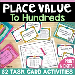 May include: A set of educational place value task cards for math learning, featuring colorful borders, numbered cards with prompts, a student answer sheet, a pink plastic storage case, and a red marker on a light wood surface with text.