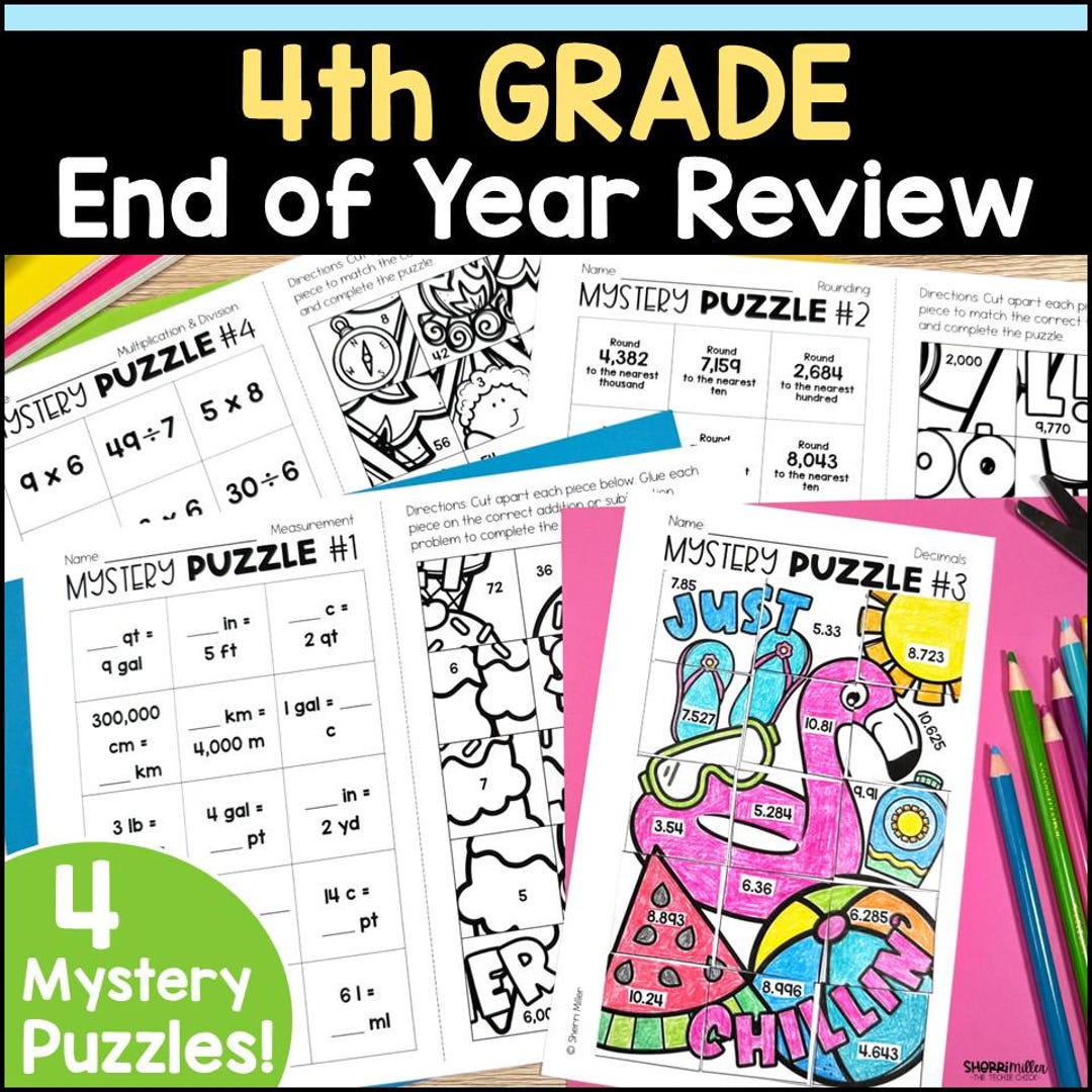 4th Grade End of the Year Fun Math Review Mystery Summer Puzzles, Last ...