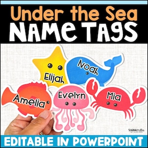 May include: Colorful name tags with an "Under the Sea" theme. The tags are shaped like a yellow starfish, a blue whale, a red fish, a pink jellyfish, and a red crab. Each tag has a name written on it: Elijah, Noah, Amelia, Evelyn, and Mia. The text "EDITABLE IN POWERPOINT" is also visible.