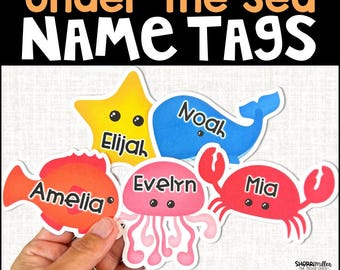 May include: Colorful name tags with an "Under the Sea" theme. The tags are shaped like a yellow starfish, a blue whale, a red fish, a pink jellyfish, and a red crab. Each tag has a name written on it: Elijah, Noah, Amelia, Evelyn, and Mia. The text "EDITABLE IN POWERPOINT" is also visible.