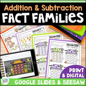 Op de afbeelding: Educatieve werkbladen voor optel- en aftrekfeitenfamilies, met Halloween-thema's. De afbeelding toont afdrukbare pagina's met spookhuizen en pompoenen. Tekst bevat "Print & Digital" en "Google Slides & Seesaw."