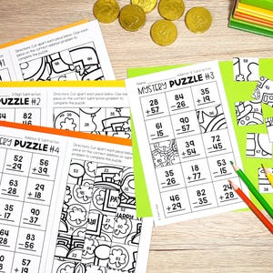 May include: Four printable worksheets with a St. Patrick's Day theme. Each worksheet features a different maths puzzle with addition and subtraction problems. The puzzles are designed to be cut apart and glued together to create a picture of a leprechaun, pot of gold, and other St. Patrick's Day symbols.