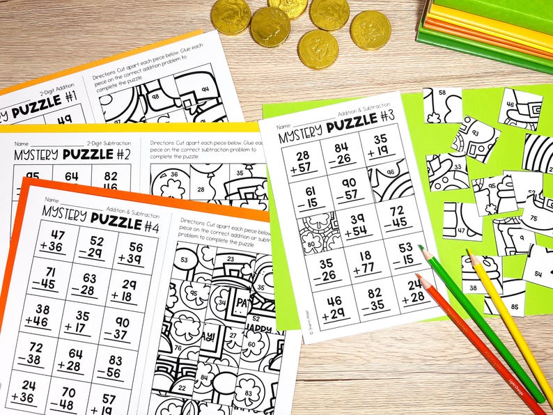 May include: Four printable worksheets with a St. Patrick's Day theme. Each worksheet features a different maths puzzle with addition and subtraction problems. The puzzles are designed to be cut apart and glued together to create a picture of a leprechaun, pot of gold, and other St. Patrick's Day symbols.