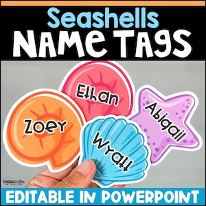 Summer Beach Seashells Editable Name Tags for Bulletin Board, Student Desk, Cubby, Classroom Door Decor, Gift Tags, Bulletin Board Ideas