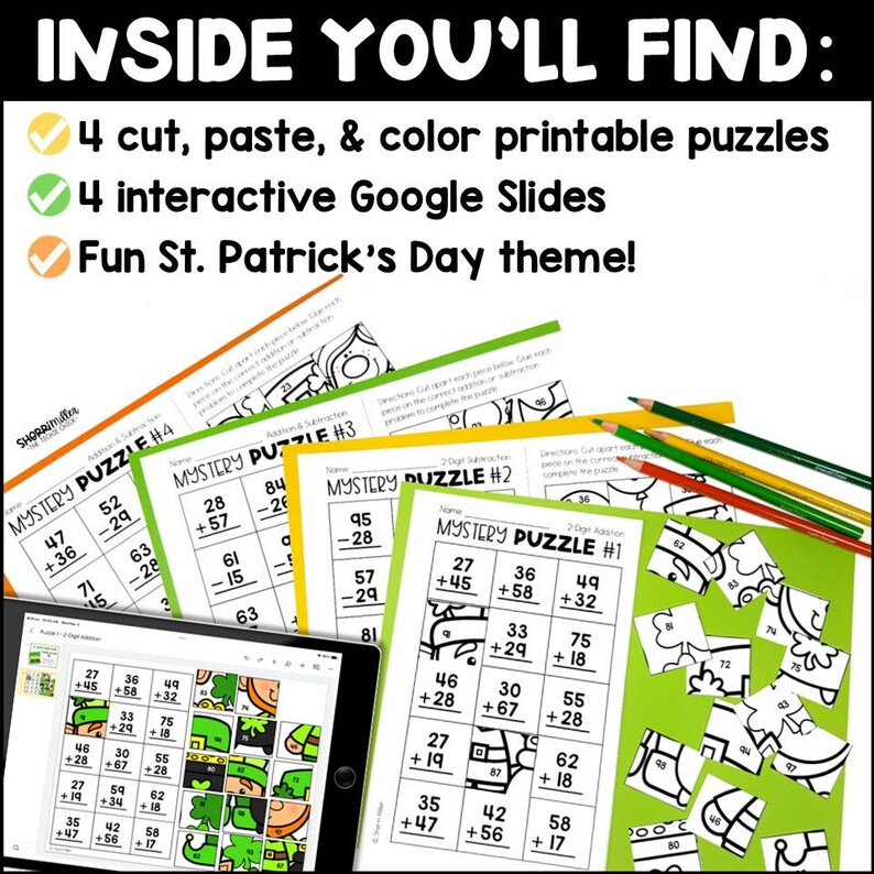 St. Patrick's Day 2-Digit Addition and Subtraction Mystery Picture Puzzles, 2nd Grade Digital & Printable Fun Math Worksheets for Kids image 2