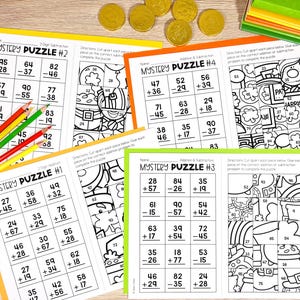 May include: Four printable worksheets with a St Patrick's Day theme. Each worksheet has a grid of maths problems, with the answers corresponding to a section of a hidden picture. The pictures are of a leprechaun, a pot of gold, and a shamrock. The worksheets are titled "Mystery Puzzle #1", "Mystery Puzzle #2", "Mystery Puzzle #3", and "Mystery Puzzle #4".
