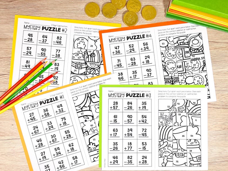 May include: Four printable worksheets with a St Patrick's Day theme. Each worksheet has a grid of maths problems, with the answers corresponding to a section of a hidden picture. The pictures are of a leprechaun, a pot of gold, and a shamrock. The worksheets are titled "Mystery Puzzle #1", "Mystery Puzzle #2", "Mystery Puzzle #3", and "Mystery Puzzle #4".