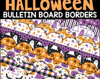 May include: A set of Halloween-themed bulletin board borders with various patterns. The design includes pumpkins, ghosts, stars, and bats. The text reads "SPOOKY HALLOWEEN BULLETIN BOARD BORDERS" and "12 DESIGNS • 8 STYLES".