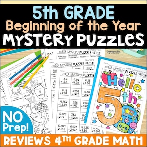 May include: A collection of 5th-grade math worksheets titled "Mystery Puzzles" with colorful illustrations. The worksheets include problems on expanded form, rounding, and addition/subtraction of decimals. Colored pencils are placed on top of the worksheets. The text "Reviews 4th Grade Math" is also visible.