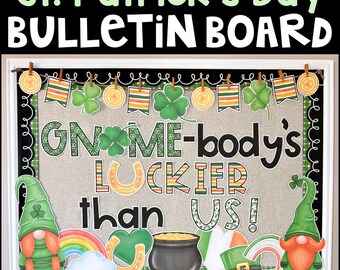 Kit de tablón de anuncios para el día de San Patricio con gnomos, ideas para decorar puertas o tablones de anuncios en marzo, decoraciones para el aula en primavera, banderines con bordes de letras