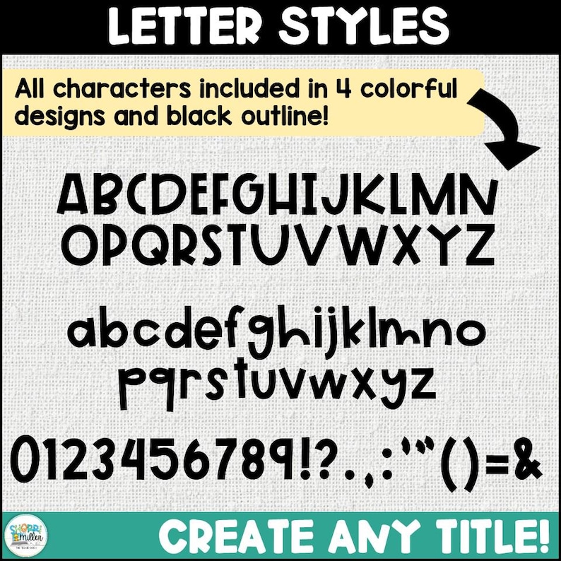 May include: A graphic image of a font style with uppercase and lowercase letters, numbers, and punctuation marks. The text reads "LETTER STYLES" and "CREATE ANY TITLE!" The font is black with a white background.