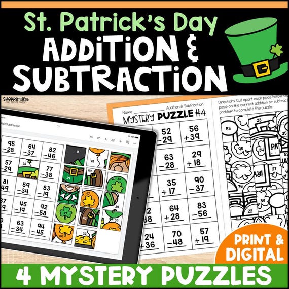 St. Patrick's Day 2-Digit Addition and Subtraction Mystery Picture Puzzles 2nd Grade Digital & Printable Fun Math Worksheets for Kids