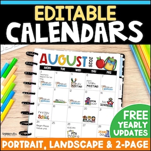 2026 2027 Editable Calendar Templates, Monthly Teacher Planner, School Classroom Organization, Printable Templates Summer June July August