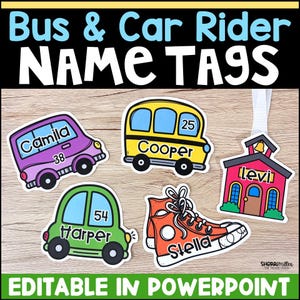 Editable Bus and Car Rider Transportation Name Tags for Back to School, Classroom Decor Bulletin Board Cubby Door Class Labels Locker Tag