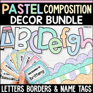 Pastel Classroom Decor Bundle Composition Notebook Bulletin Board Letters, Editable Name Tags, & Printable Borders Back to School Door Decor