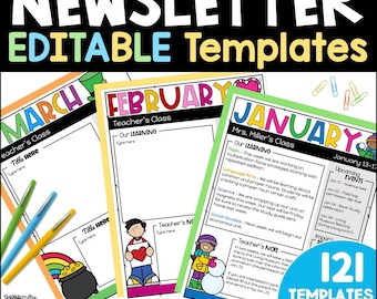 Plantillas editables para boletines informativos escolares, boletines semanales o mensuales para profesores, comunicación con los padres, boletines de bienvenida al inicio del curso escolar.
