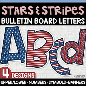 Stars and Stripes Bulletin Board Letters, US History Bulletin Board, Printable Patriotic Classroom Decor Ideas, Americana Door Decorations