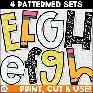 May include: A collection of colorful letter cutouts, including E, F, G, and H, each with unique patterns. The letters are outlined in black and feature designs like lined paper, pencil, and speckled textures. The text "4 PATTERNED SETS" and "PRINT, CUT & USE!" are displayed.
