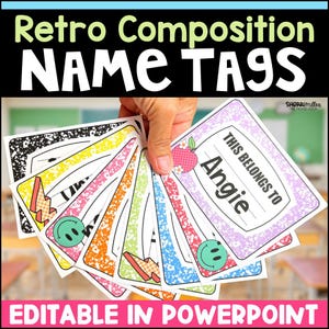 May include: A hand holds a fan of colorful name tags with a retro composition notebook design. The tags feature a variety of patterns, including lightning bolts and smiley faces. Text on the tags reads "THIS BELONGS TO Angie" and "EDITABLE IN POWERPOINT."