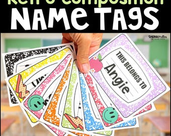 May include: A hand holds a fan of colorful name tags with a retro composition notebook design. The tags feature a variety of patterns, including lightning bolts and smiley faces. Text on the tags reads "THIS BELONGS TO Angie" and "EDITABLE IN POWERPOINT."