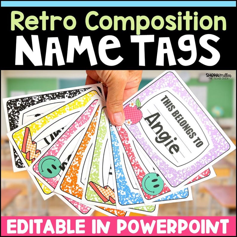 Groovy Retro Composition Notebook Editable Name Tags for Back to School Classroom Door Decor, Bulletin Board, Student Desk, Cubby, and Class Labels. Editable in PowerPoint