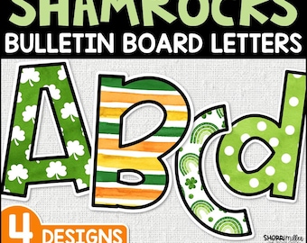 May include: Shamrocks bulletin board letters in green, orange, and white. The letters A, B, C, and d are shown with four design options. Includes upper/lower case letters, numbers, symbols, and banners.