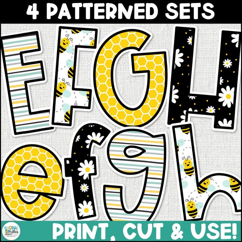 May include: Four patterned sets of alphabet letters, E, F, G, and H, with different patterns, including stripes, honeycomb, and daisies. The letters are in black outlines with yellow, white, and black patterns. The text "4 PATTERNED SETS" is at the top of the image. The text "PRINT, CUT & USE!" is at the bottom of the image.