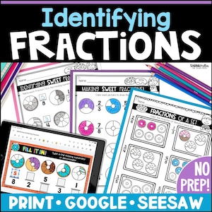 May include: Educational worksheets for identifying fractions, featuring colorful diagrams and the text "Identifying Fractions." Includes a tablet displaying a fill-in-the-blank activity, and the words "Print, Google, Seesaw."