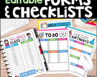 Editable Teacher Planner Back to School Forms for Monthly Teacher Planner, Daily Schedule Class List To Do List Classroom Organization