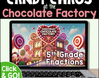 Può includere: Una escape room digitale per studenti di 5a elementare con una fabbrica di cioccolato a tema caramelle con un edificio a forma di cuore e lecca-lecca colorati. Il testo "Candy Chaos at the Chocolate Factory" e "Click & Go!" sono visibili sullo schermo.