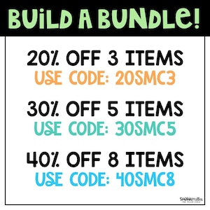 May include: A white graphic with the text "BUILD A BUNDLE!" in green. The graphic displays discount offers: 20% off 3 items, 30% off 5 items, and 40% off 8 items. Each offer includes a unique code.