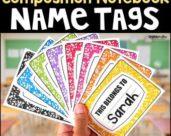 Composition Notebook Editable Name Tags for Classroom Decor Bulletin Board, Student Desk, Cubby, Door Decor, Gift Tags, Class Labels
