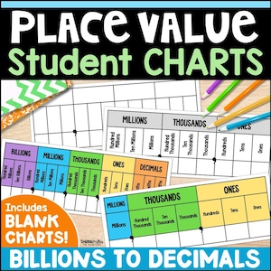 May include: Educational place value student charts featuring columns for billions, millions, thousands, ones, and decimals. The charts include labeled sections and blank grids for practice, with colorful pencils and an orange circle text overlay.