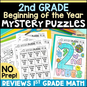 May include: Educational worksheets for 2nd grade math, featuring "Mystery Puzzles" for the beginning of the year. The worksheets include place value, skip counting, and subtraction problems. Colorful design with the text "2nd Vibes".