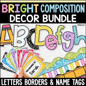May include: A classroom decor bundle featuring large letters A through H with various patterns like pencil, lined paper, and composition notebook textures. Includes a set of colorful name tags with the text This belongs to Sarah and scalloped borders.