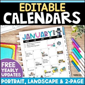 2026 Editable Calendar Templates, Monthly Teacher Planner, Yearly Classroom Organization, Printable & Digital Google Slides January Calendar