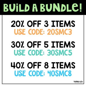Puede incluir: Un gr&aacute;fico blanco con el texto "BUILD A BUNDLE!" en verde. El gr&aacute;fico muestra ofertas de descuento: 20% de descuento en 3 art&iacute;culos, 30% de descuento en 5 art&iacute;culos y 40% de descuento en 8 art&iacute;culos. Cada oferta incluye un c&oacute;digo &uacute;nico.