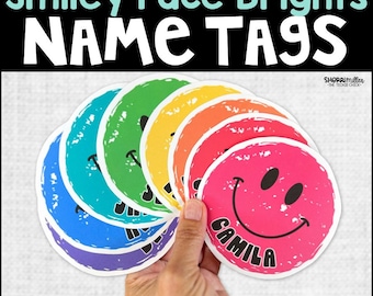 Editable Bright Crayon Smiley Face Name Tags for Back to School Retro Classroom Decor Groovy Bulletin Board Student Desk Cubby Door Labels