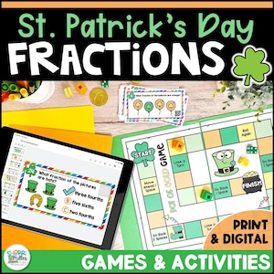St. Patrick's Day Fractions Fun March Math Activity Game Board & Task Cards, 2nd and 3rd Grade Homeschool Math, Math Fractions Game for Kids