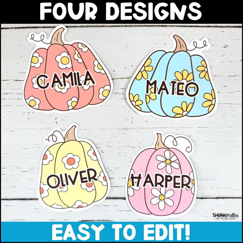 Puede incluir: Cuatro dise&ntilde;os de calabazas con los nombres: Camila, Mateo, Oliver y Harper. Cada calabaza es de un color diferente: melocot&oacute;n, azul claro, amarillo y rosa. Las calabazas est&aacute;n decoradas con flores blancas y amarillas. El texto "EASY TO EDIT!" est&aacute; en la parte inferior.